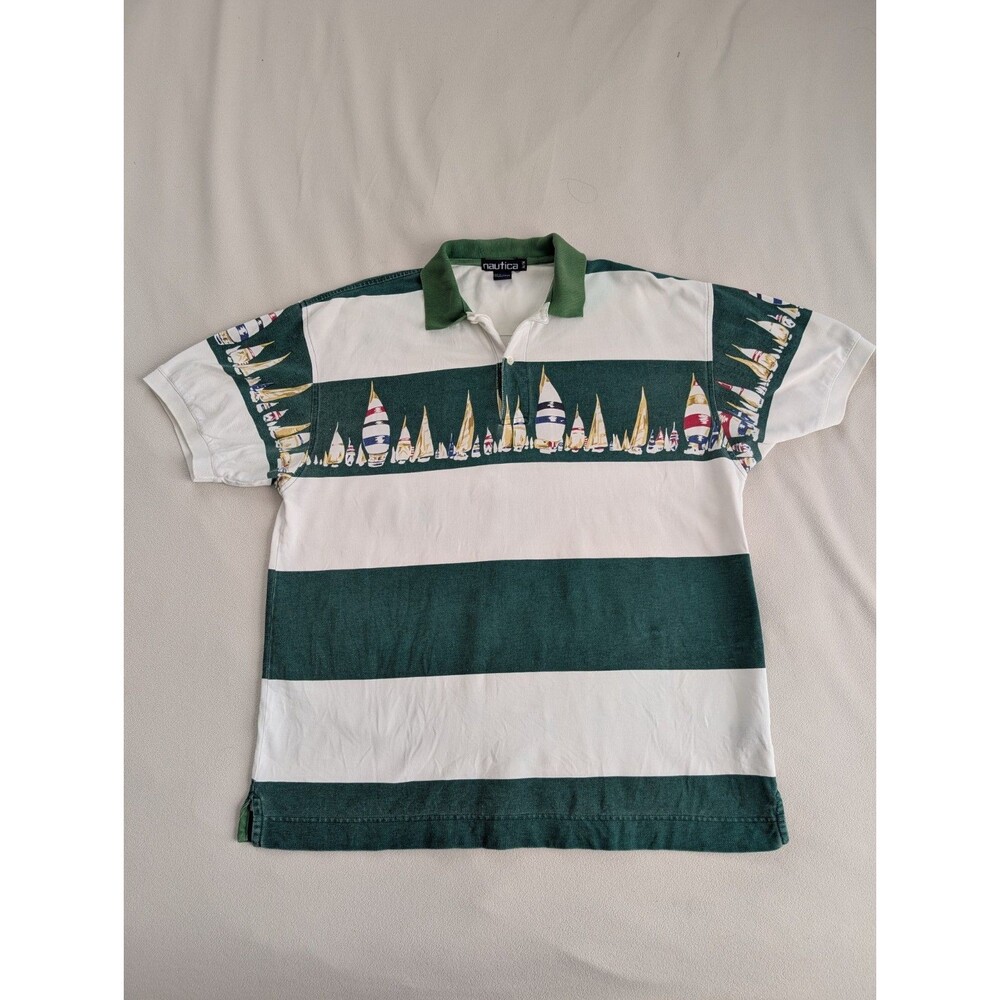 Vintage Nautica Sail Boats Vertical Striped Polo Shirt Green White M - Picture 1 of 9